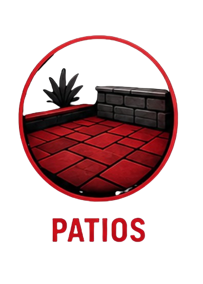 A digital illustration of a patio with red brick flooring, black stone wall, and a potted plant with dark leaves in the corner. The image is inside a red circular border with the word "PATIOS" written below.