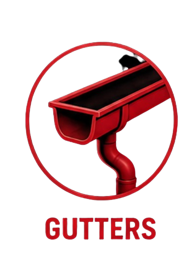 Illustration of a red gutter downspout with a rectangular gutter connected to a red pipe, surrounded by a circular red border with the word "GUTTERS" at the bottom.