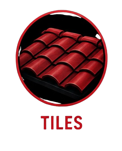 Red roof tiles inside a red circle with the word "TILES" written below.