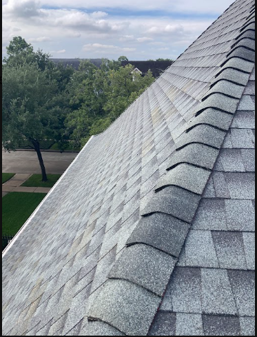 Close-up view of a sloped asphalt shingle roof with trees and a cloudy sky in the background.
