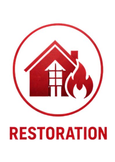 A logo for building restoration featuring a house, a flame, and the word 'Restoration' in red text.