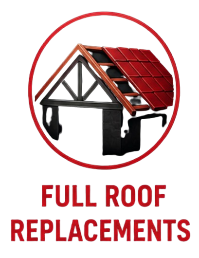 Logo of a house roof with red tiles and a gray ridge, accompanied by the text "Full Roof Replacements" below.