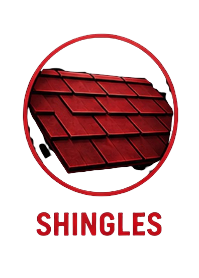 Close-up of red roofing shingles inside a circular magnification, with the word "SHINGLES" at the bottom.
