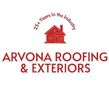 Logo for Arvona Roofing & Exteriors featuring a red house icon and the text "23+ Years of the Industry" and "ARVONA ROOFING & EXTERIORS"