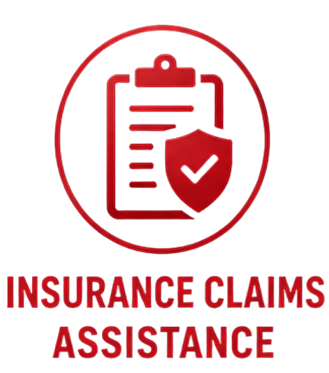 Icon of a clipboard with a checkmark shield, and the text "Insurance Claims Assistance" below.