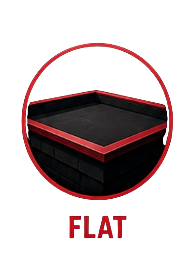 Illustration of a flat black brick tray with red border, surrounded by a red circle, and the word "FLAT" at the bottom.