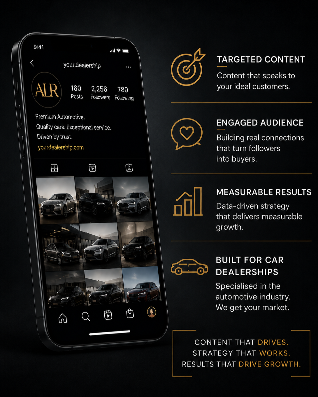 A promotional graphic showcasing an Instagram profile for a car dealership, with accompanying text highlighting targeted content, engaged audience, measurable results, and expertise in automotive marketing.