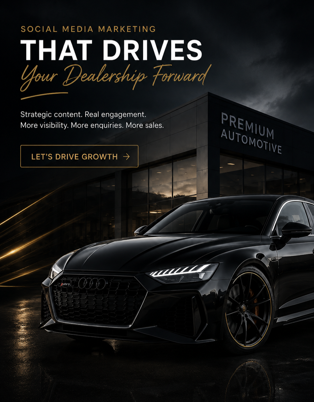 Dark-colored luxury car parked in front of a modern auto dealership with the words "Premium Automotive" on the building and promotional text about social media marketing and dealership growth.