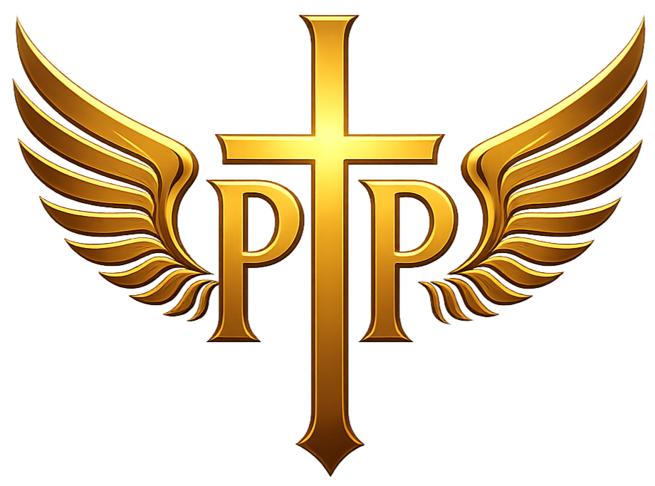 A gold emblem with a cross at the center, flanked by symmetrical angel wings, and the letters 'P P' on either side of the cross.