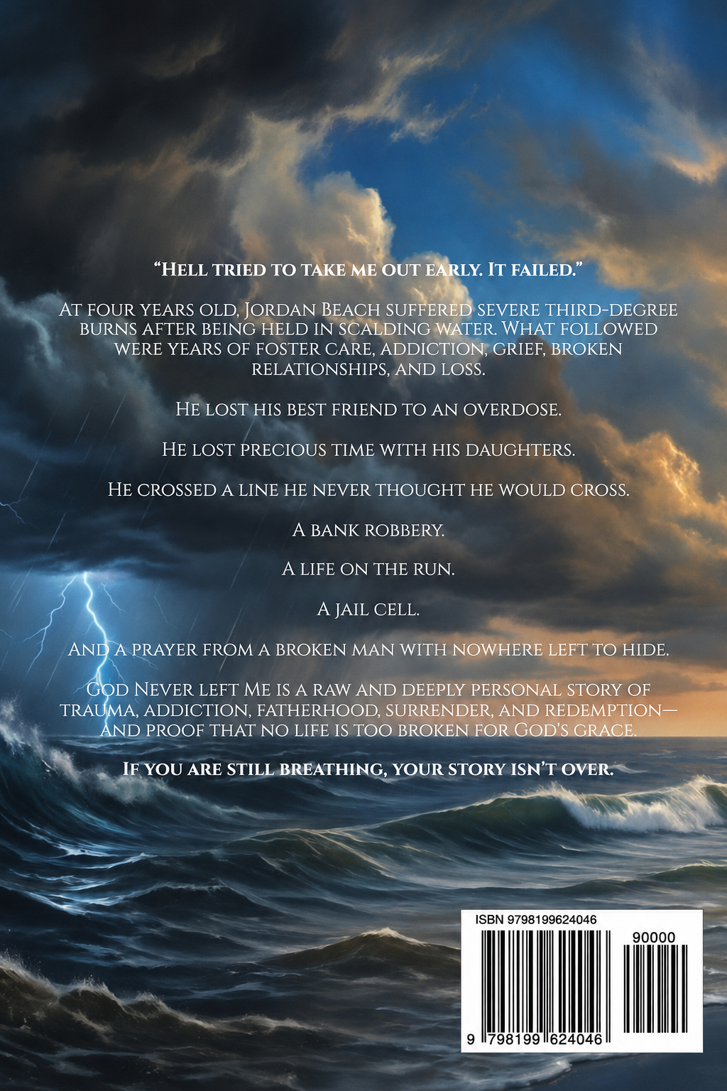 A stormy ocean scene with dark clouds, lightning, and turbulent waves, accompanied by an inspirational story written over the sky and water.