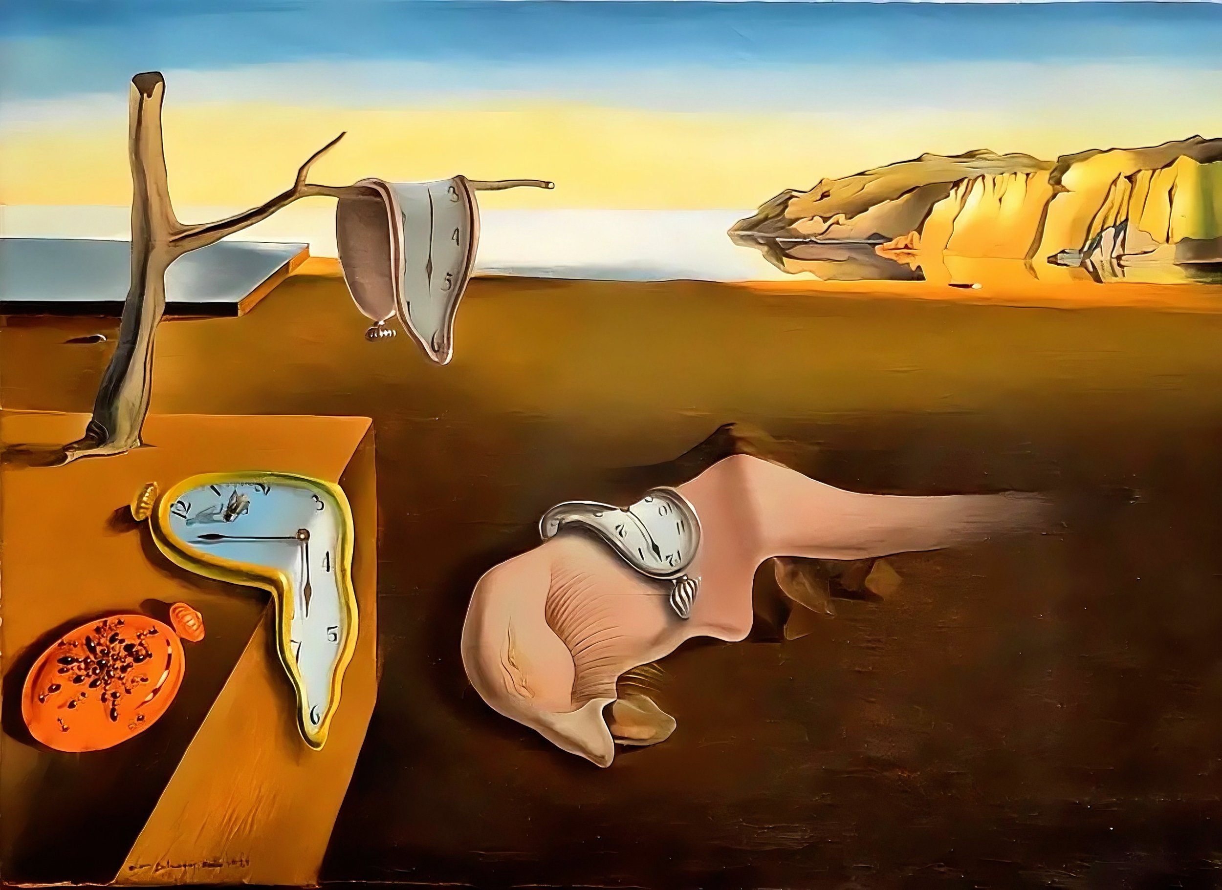 Cuadros surrealistas con relojes derretidos, elementos naturales como rocas, un árbol seco y frutas como papaya y plátanos, en un paisaje con río y montañas al fondo.