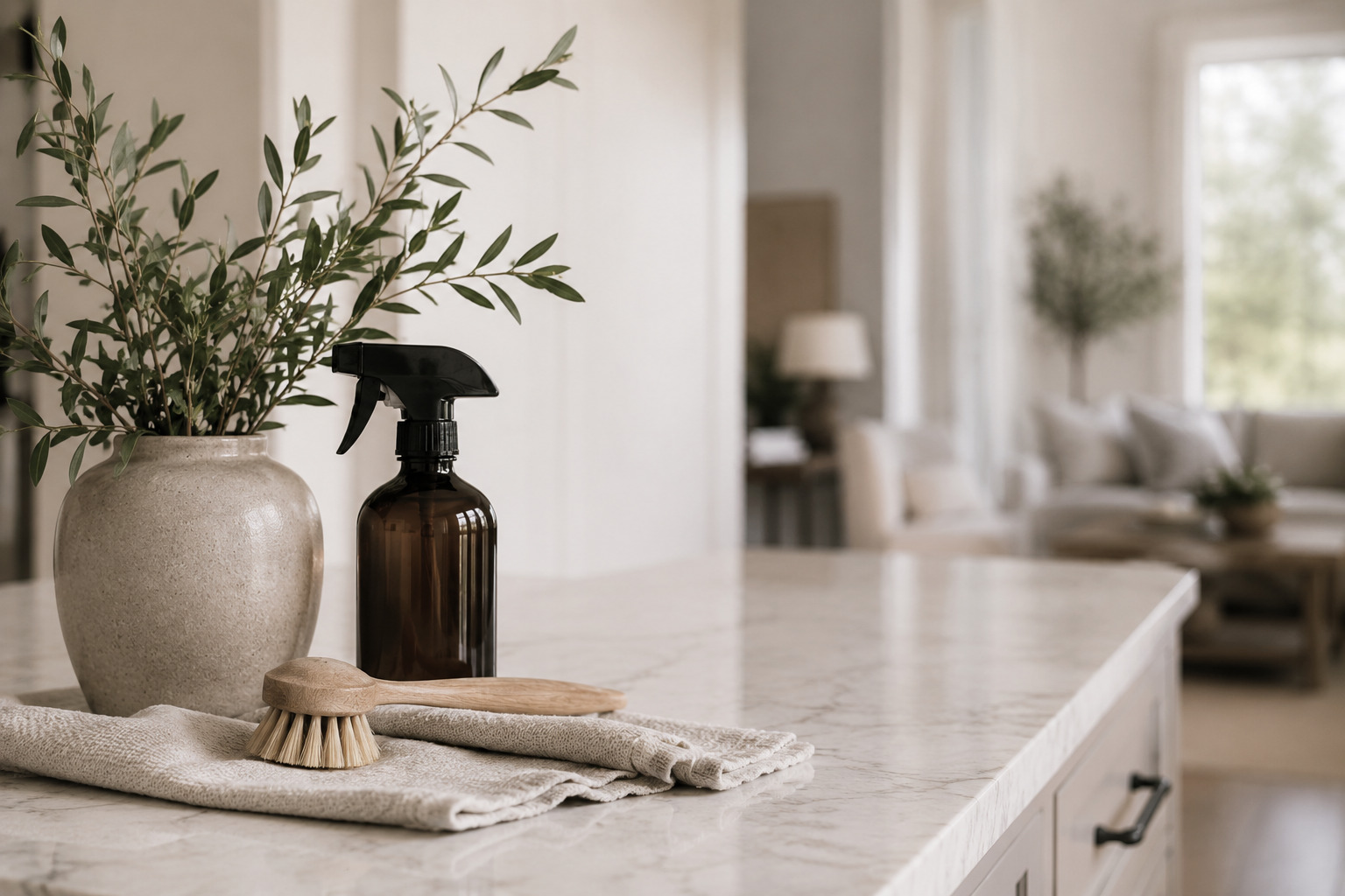 Decorative kitchen countertop with a beige vase holding green foliage, a brown spray bottle, a wooden scrub brush, and a linen cloth, with a blurred living room in the background.