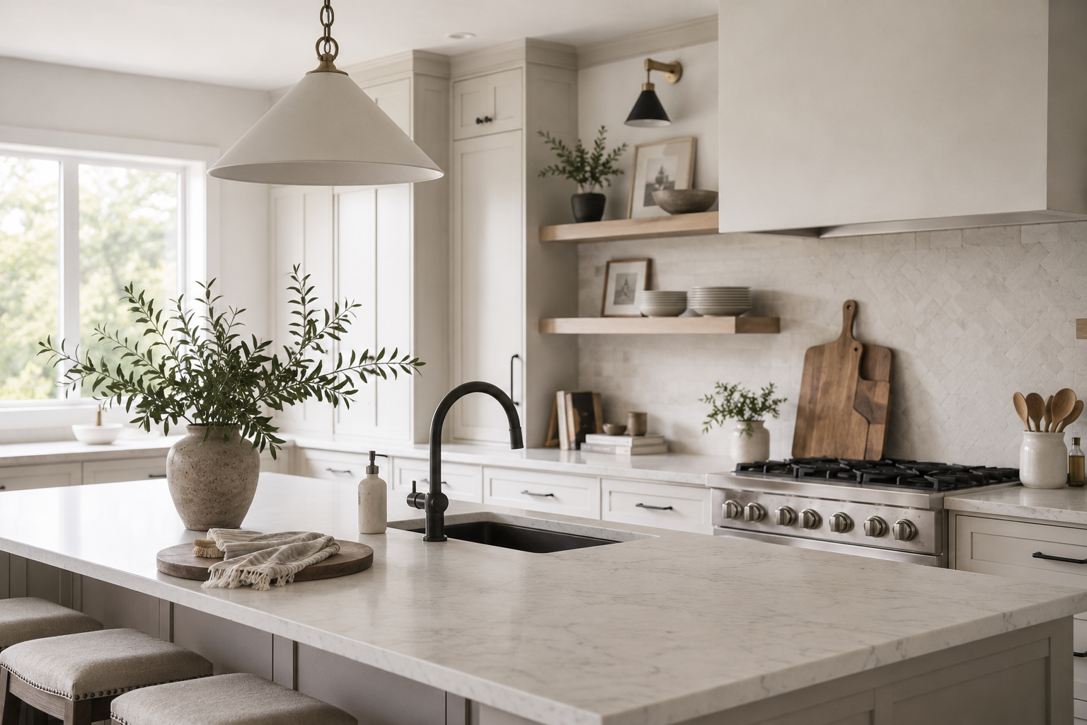Modern kitchen with white cabinets, marble island with a vase of greenery, black faucet, wooden shelves with dishes and decor, gas stove, and natural light.