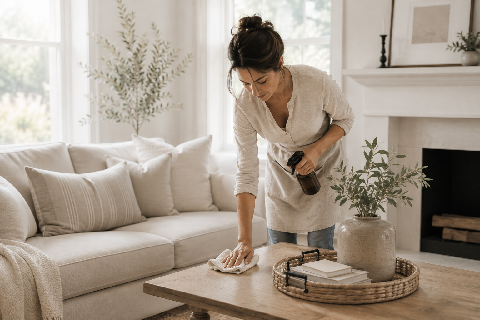 A woman cleaning a coffee table in a cozy living room with a spray bottle and cloth.