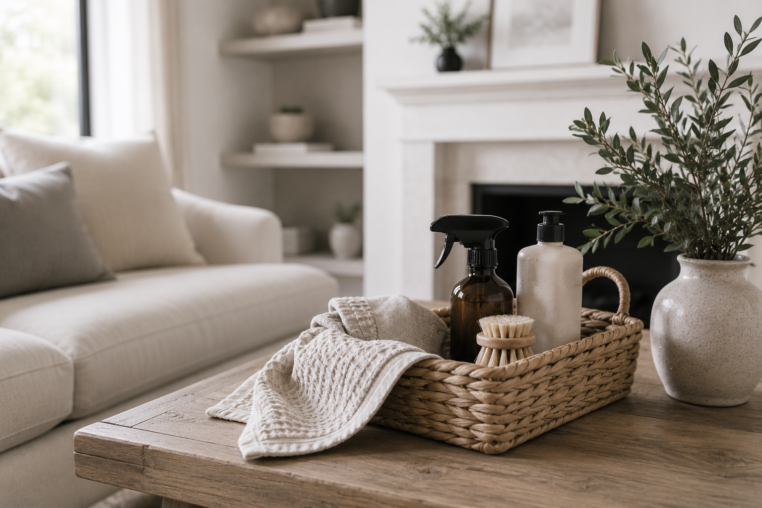 Decorative basket on wooden table with spray bottle, soap dispenser, dish brush, and cloth, in a cozy living room with white sofa, pillows, and a fireplace.
