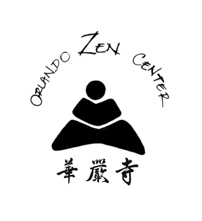 A black and white graphic featuring a stylized figure sitting cross-legged in meditation, with the words 'Olando Zen Center' curved above in a handwritten font, and Chinese characters below.