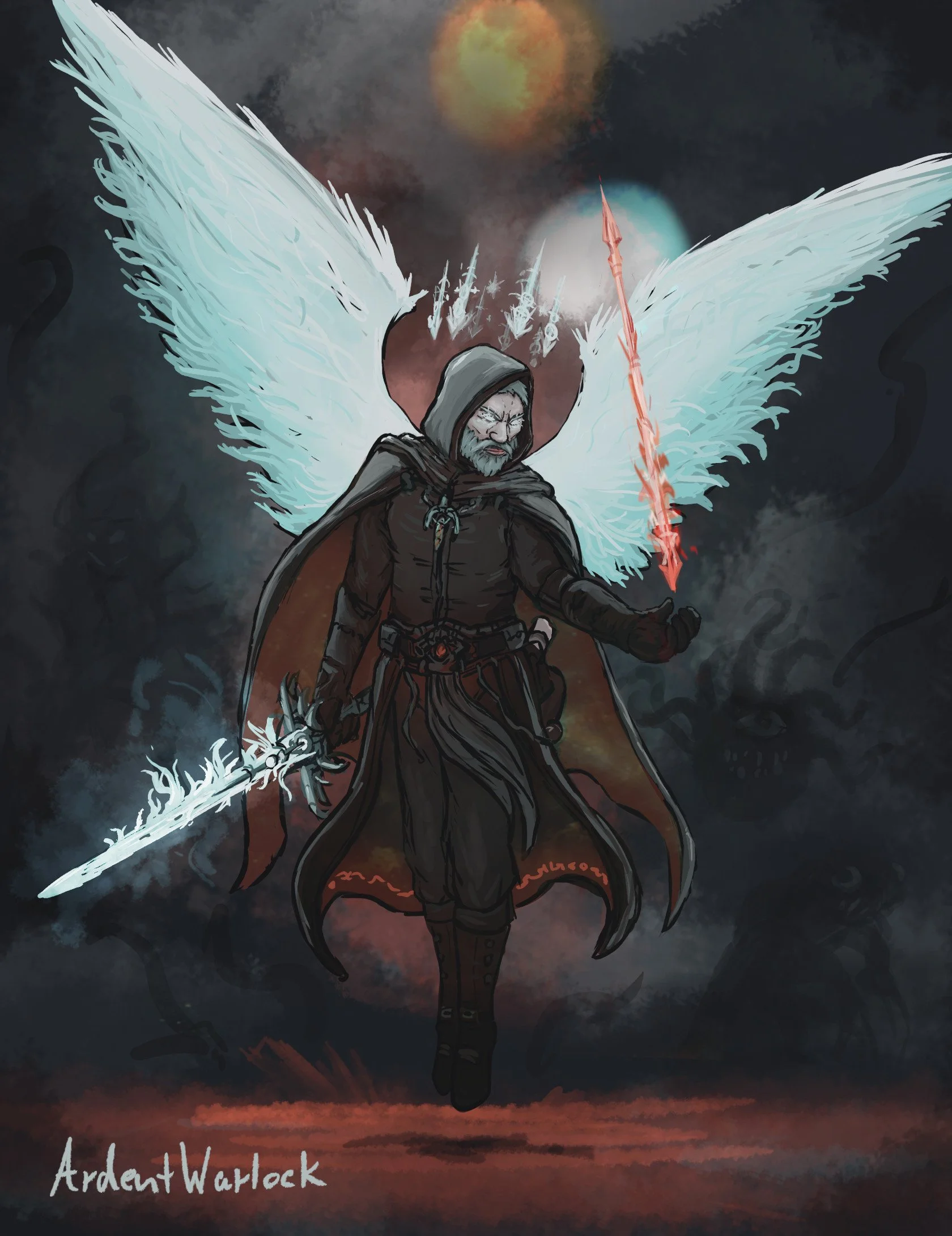 A digital artwork depicting a fantasy character with large white feathered wings, wearing dark clothing and a hood, holding a glowing red spear. The background shows a dark, cloudy sky with a bright moon or sun illuminating the scene.