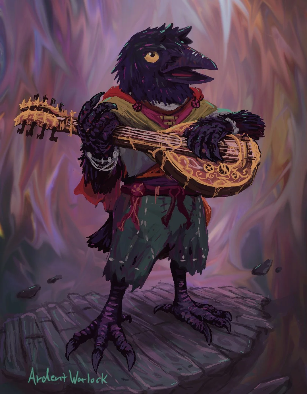 Illustration of a humanoid bird character with black feathers playing a decorated lute. The character is wearing a red cloak, green pants, and a brown scarf, standing on a wooden platform in a mystical, colorful background.