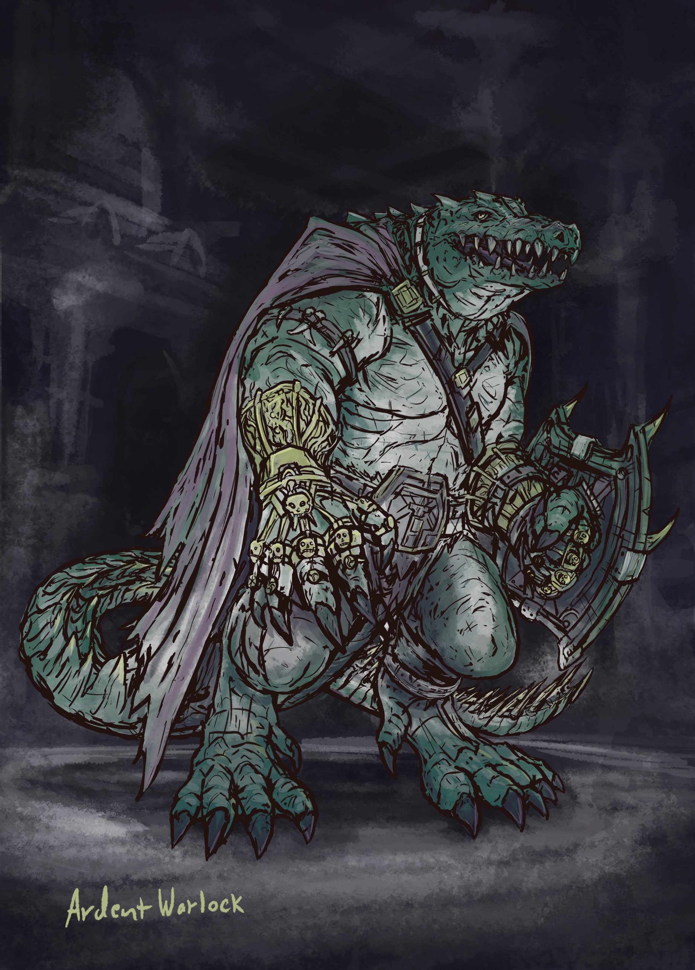 An illustration of an alligator with a humanoid form, wearing armor and a purple cape, kneeling on one knee, holding a weapon, with skulls attached to its armor. The image has a dark background and is titled "Ardent Warlock".
