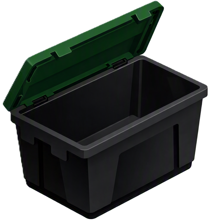 Black storage tote with an open green lid