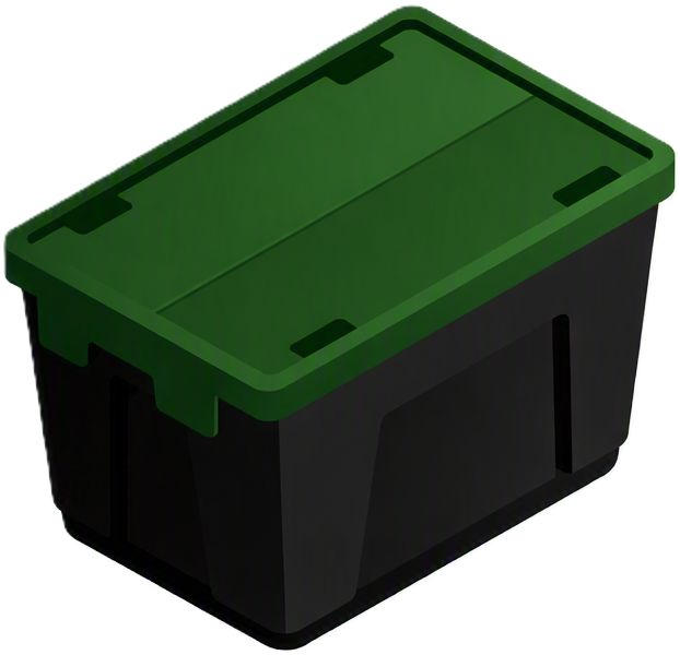 Black storage tote with a closed green lid