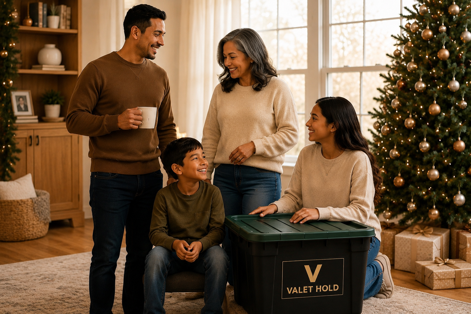 Family gathered beside a decorated Christmas tree and labeled Valet Hold storage bin in a cozy living room
