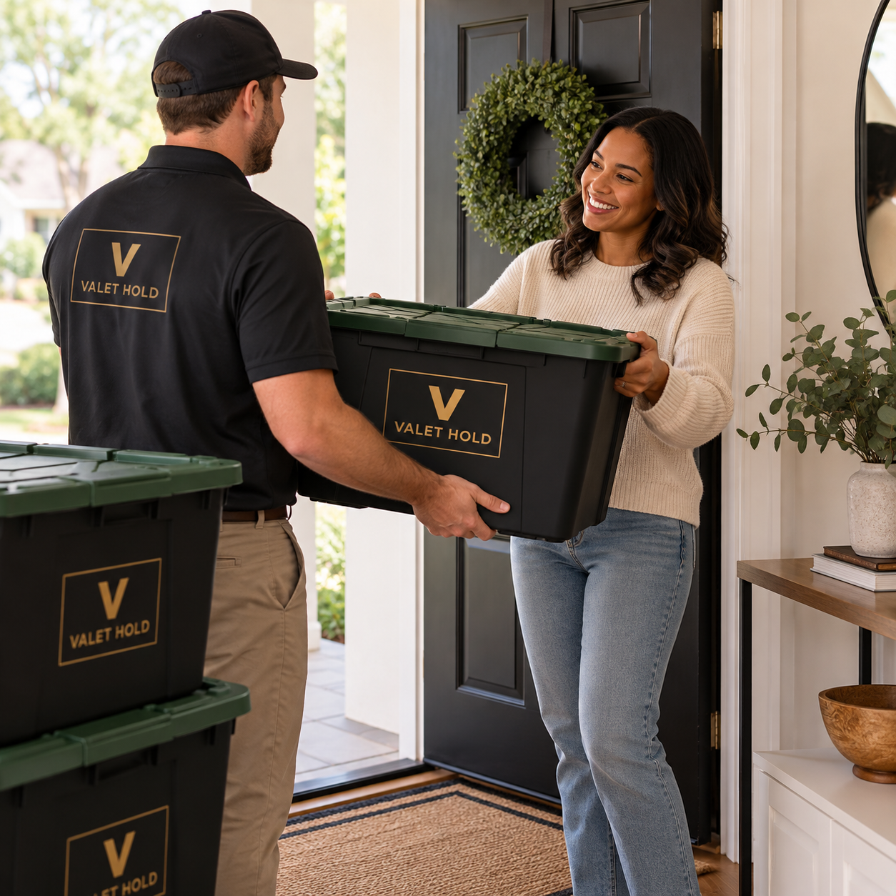 A Valet Hold driver hands a storage tote to a customer at her front door.
