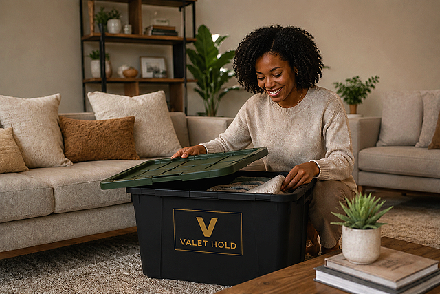 Woman organizing belongings in a black Valet Hold storage bin in a cozy living room