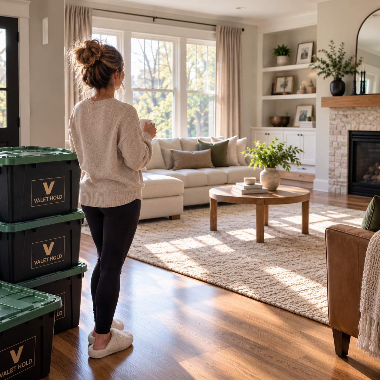 Woman holding a mug beside Valet Hold moving bins in a bright living room