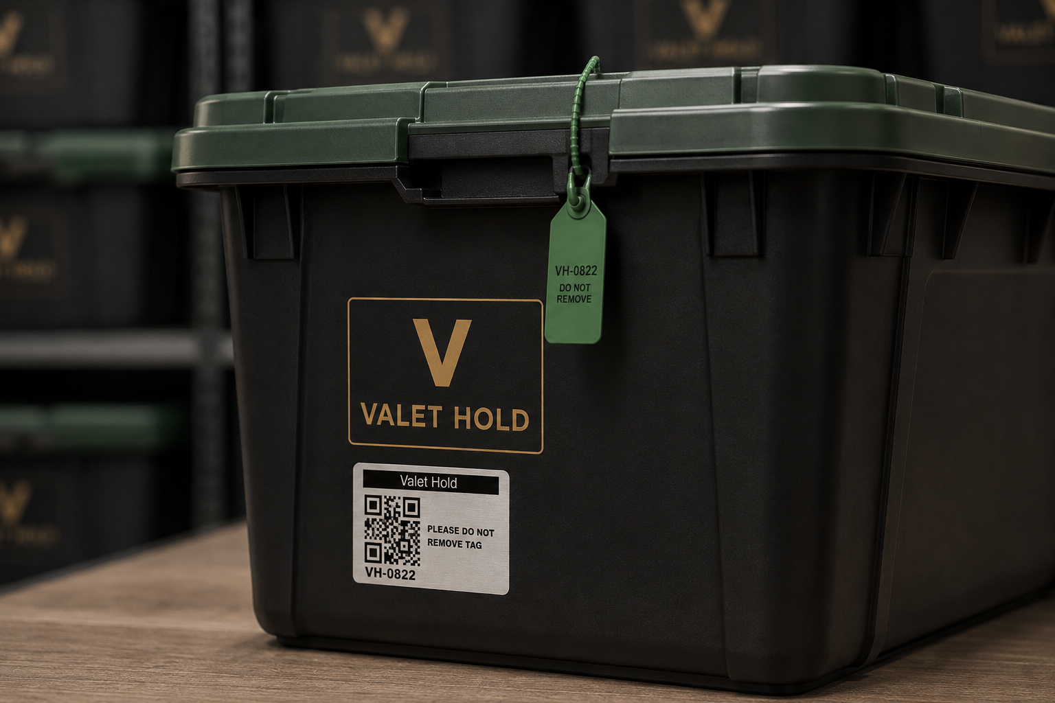 Valet Hold storage tote with a QR label and tamper-evident seal.