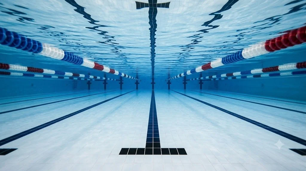 Empty swimming pool with lanes marked by blue, red, and white lane dividers, viewed underwater from one end.