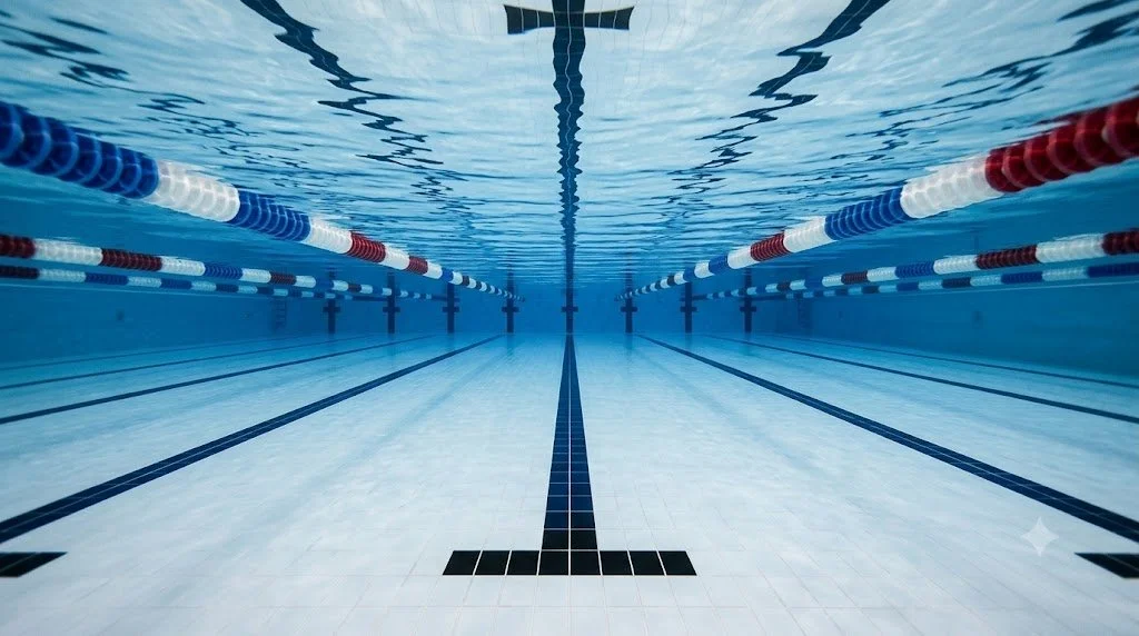 Empty indoor swimming pool with lane markers and black tiles at the bottom.