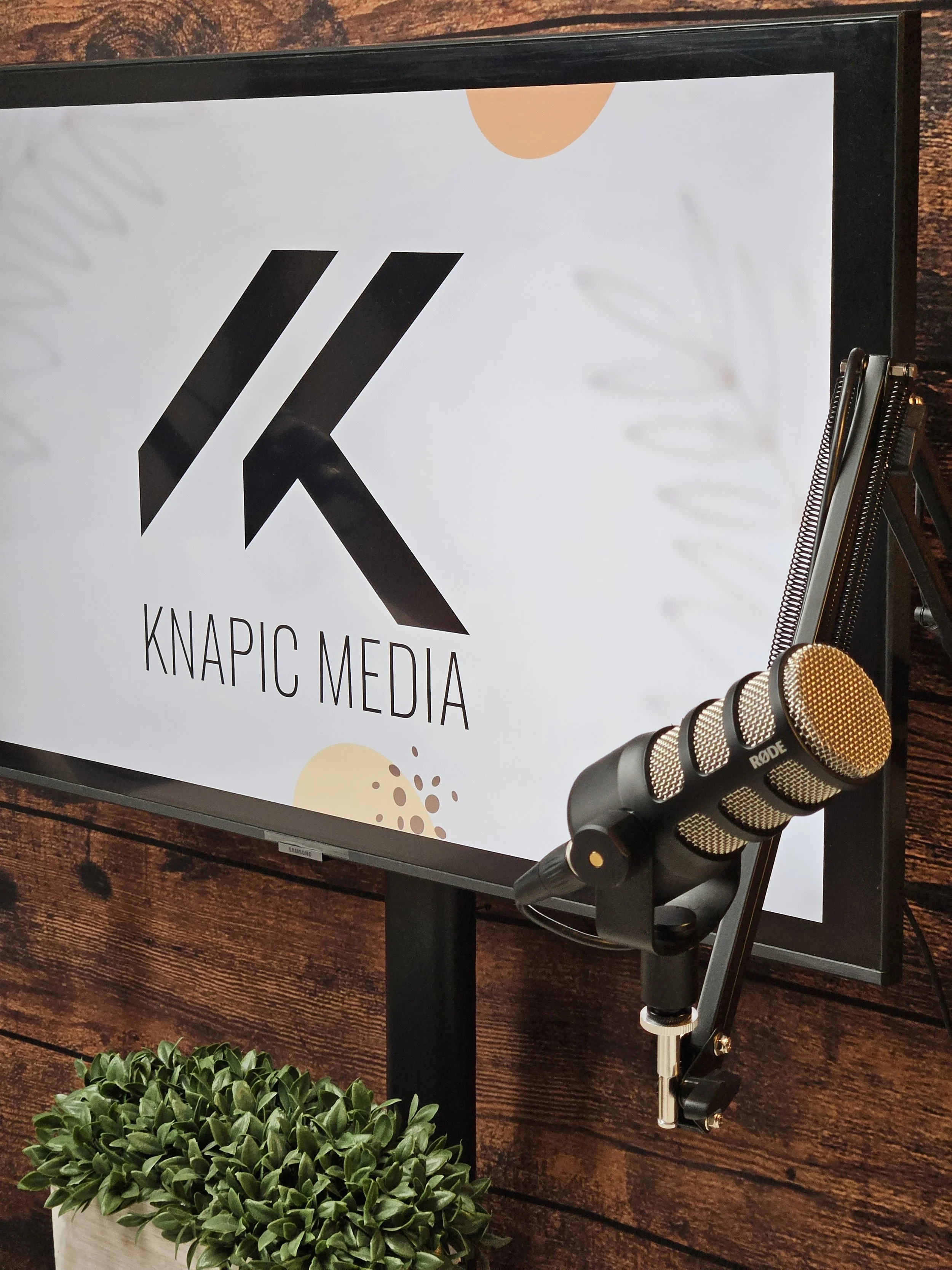 A computer monitor displays the logo of Knaric Media on a white background. A microphone on a stand is positioned in front of the monitor. There is a potted plant with green leaves at the bottom of the image, and the setup is on a wooden surface.