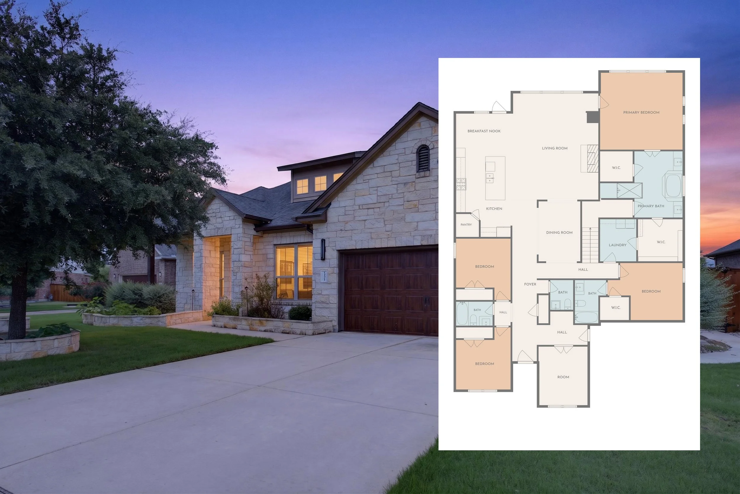 Exterior view of a modern house with stone facade, trees, and a driveway at dusk. A floor plan of the house is overlaid on the right side of the image.