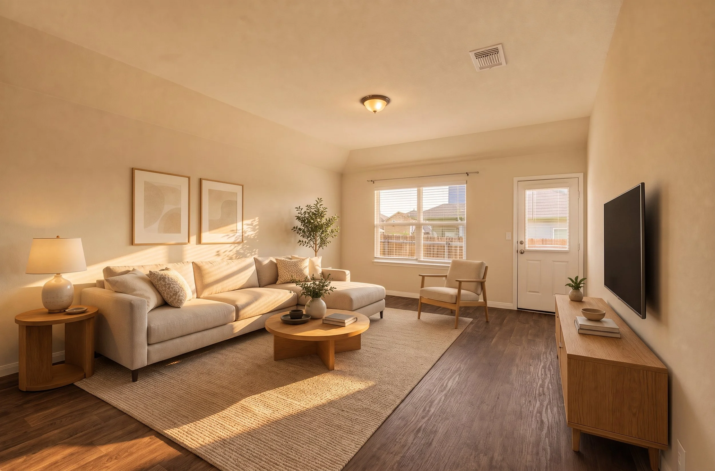 Bright living room with beige sofa, wooden coffee table, potted plants, framed artwork, TV, window, door, and beige walls.