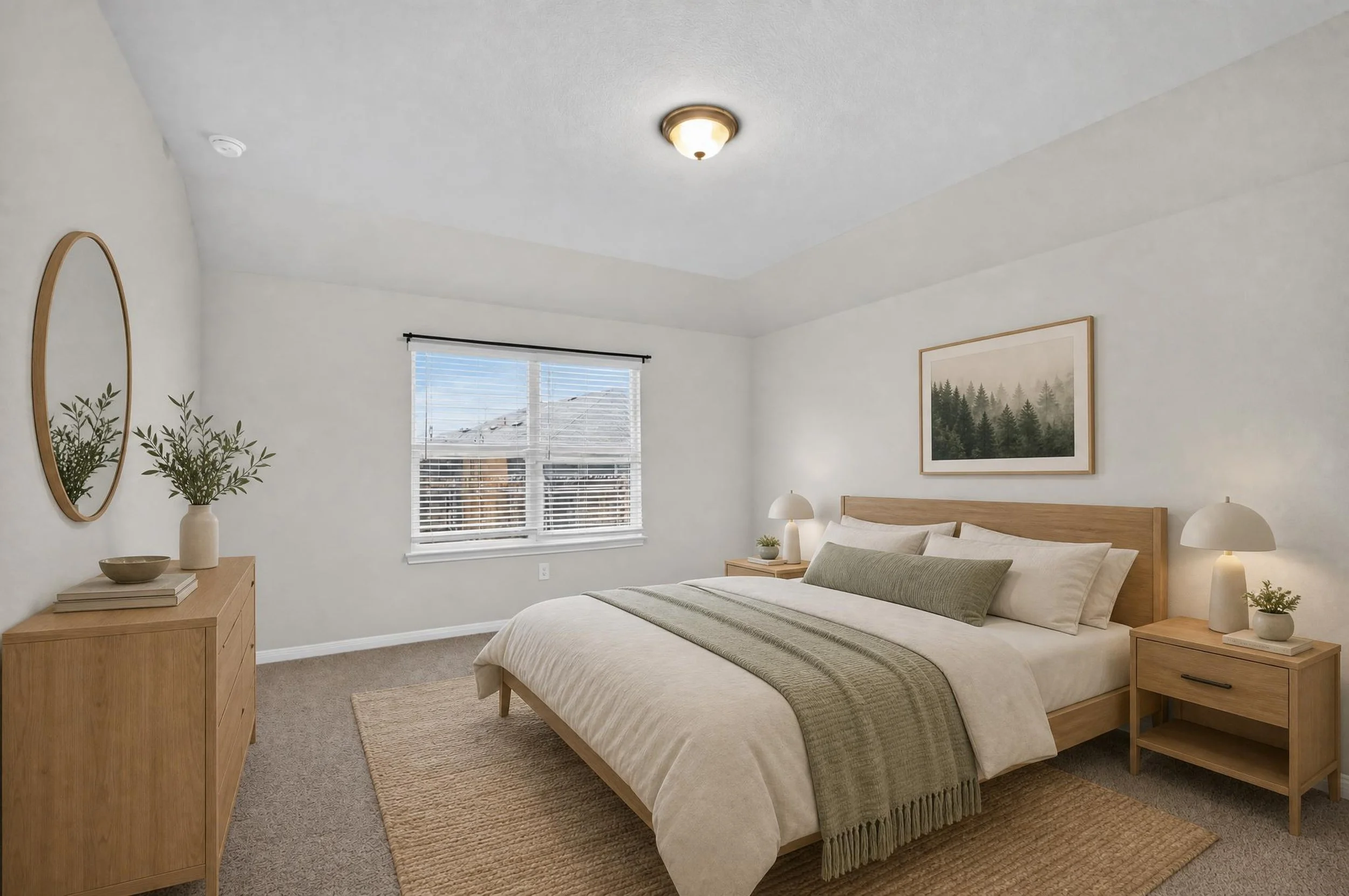 A bedroom with a wooden bed frame, cream bedding, and green accent pillows. Two matching nightstands with white lamps, a framed forest picture above the bed, a window with blinds, and a dresser with decorative items, including a vase with greenery.