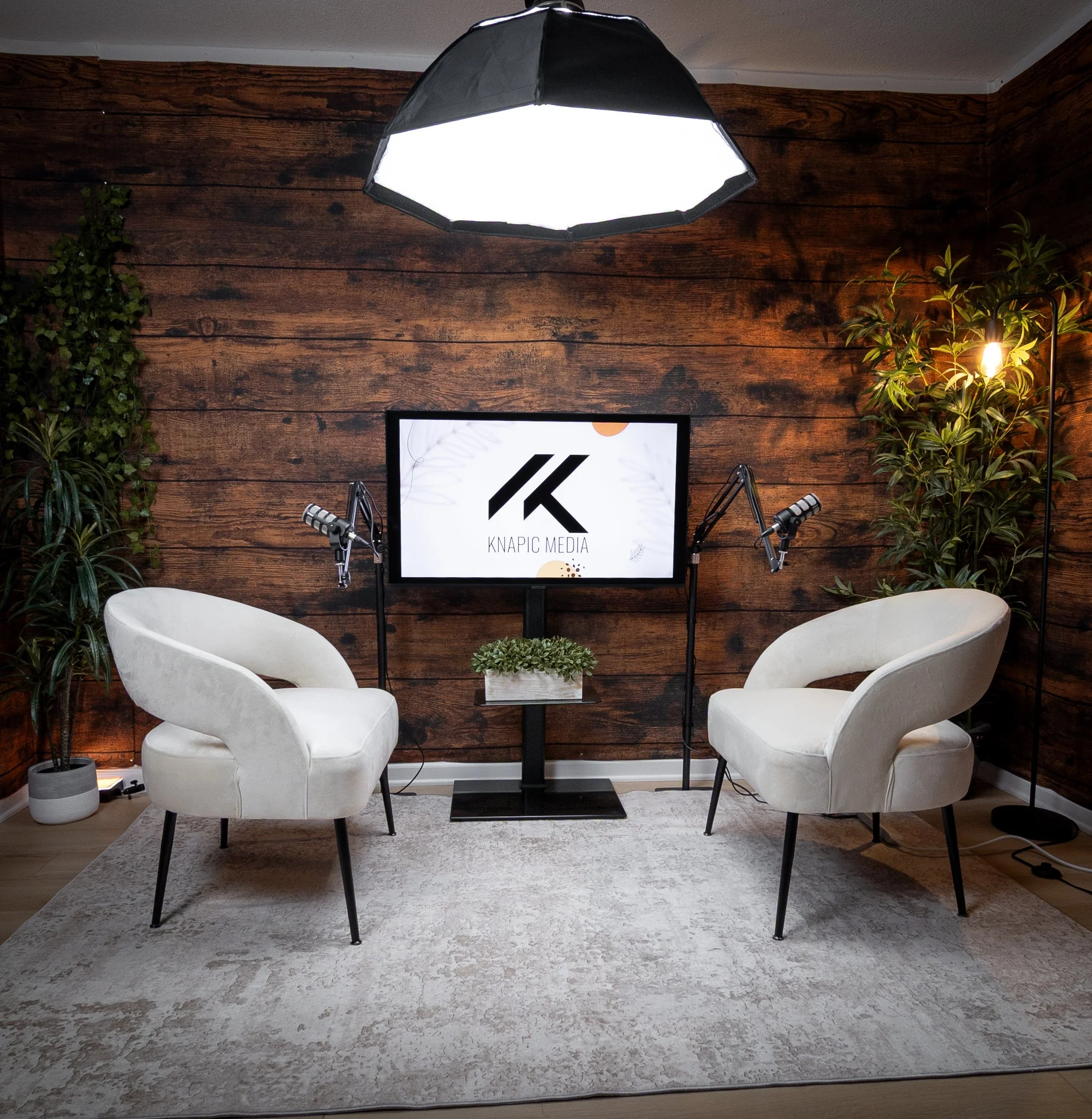 A cozy living room corner with a dark wood paneled wall, a modern white armchair, a potted plant, a TV screen displaying a logo for Knapi Media, and professional microphones set up on either side of the TV, illuminated by a bright ceiling light and a