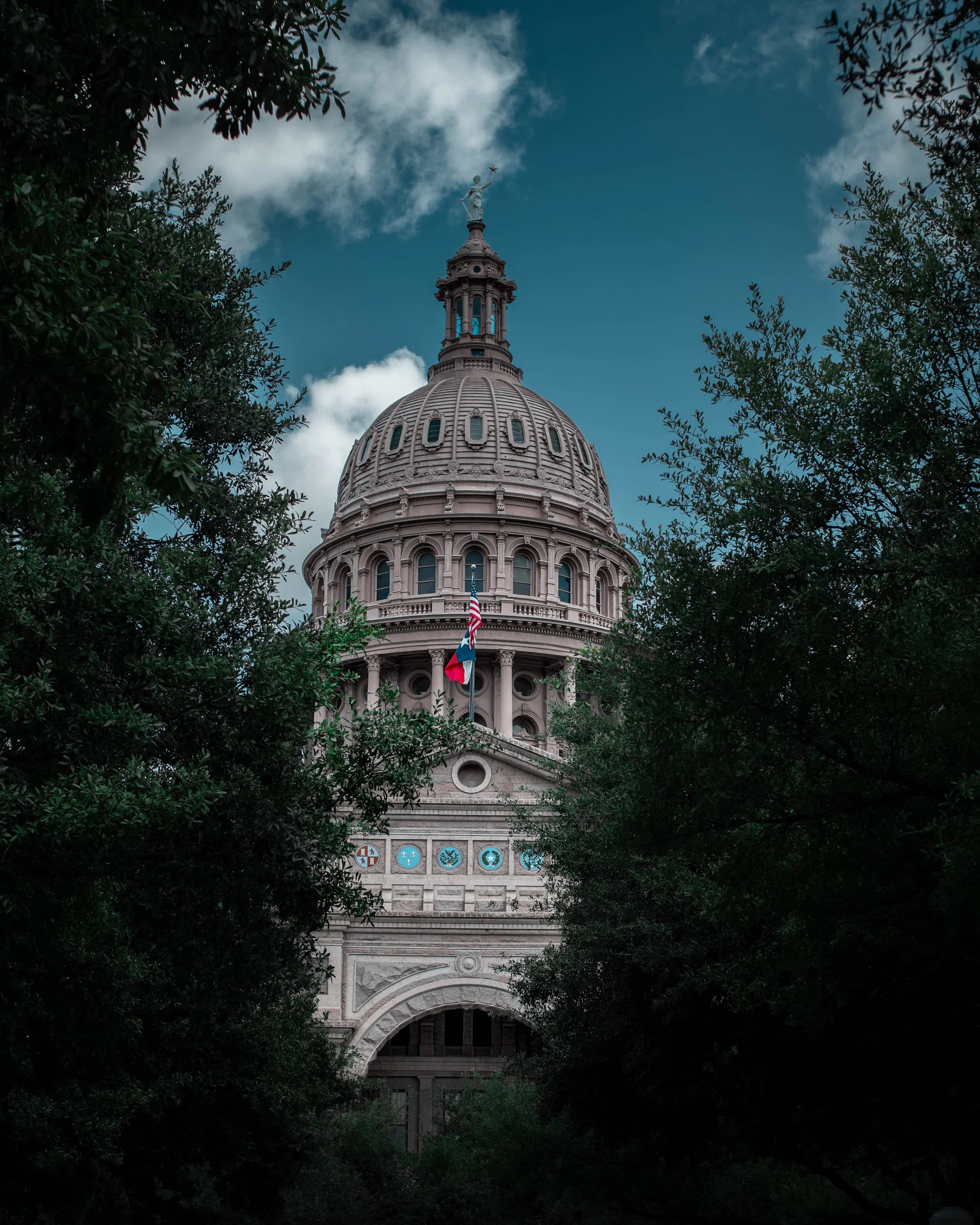 View of the Texas State Capitol building seen through trees on either side, with the dome and a statue on top visible against a partly cloudy sky.