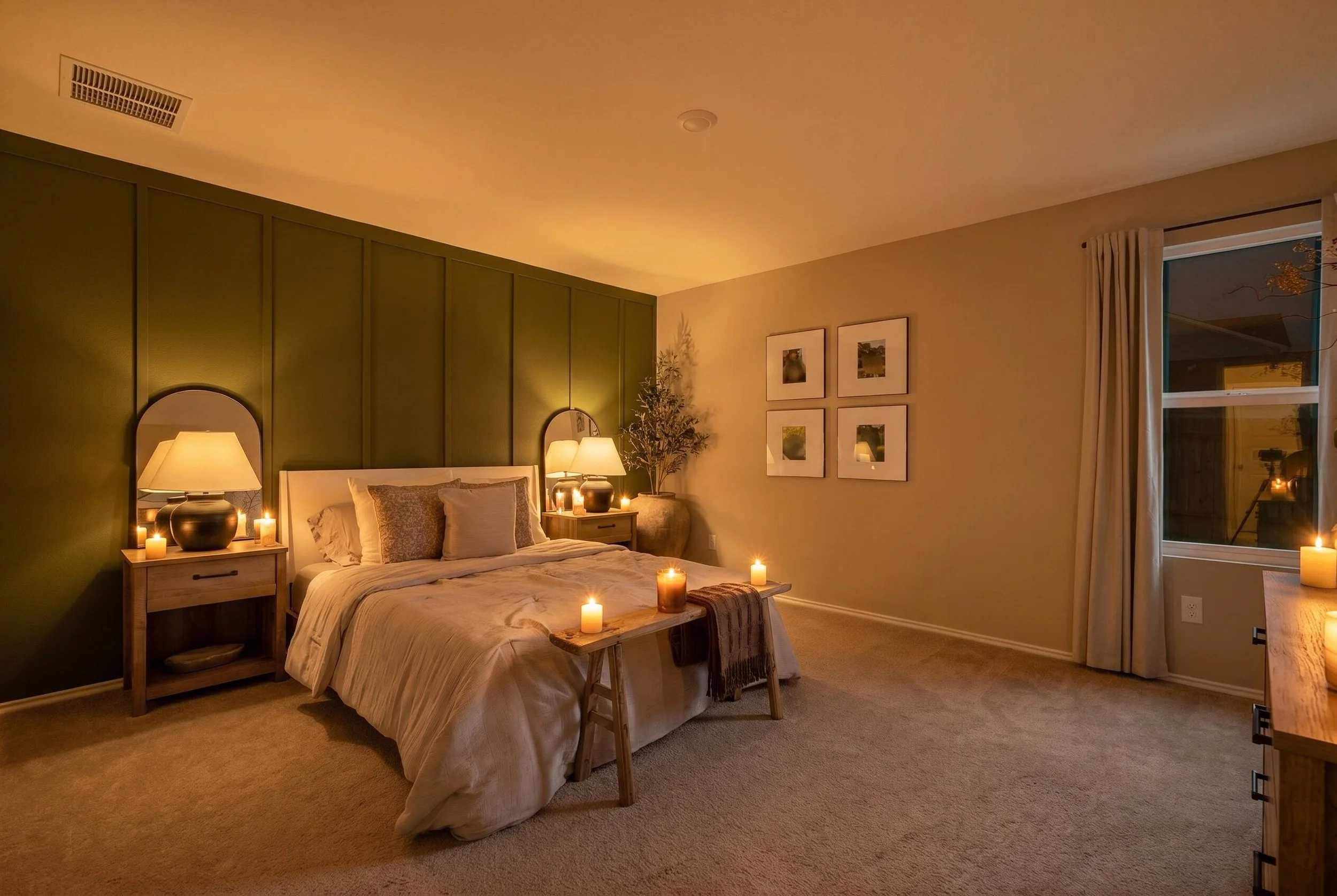 A cozy bedroom illuminated by candlelight with a bed, nightstands, lamps, and wall art.