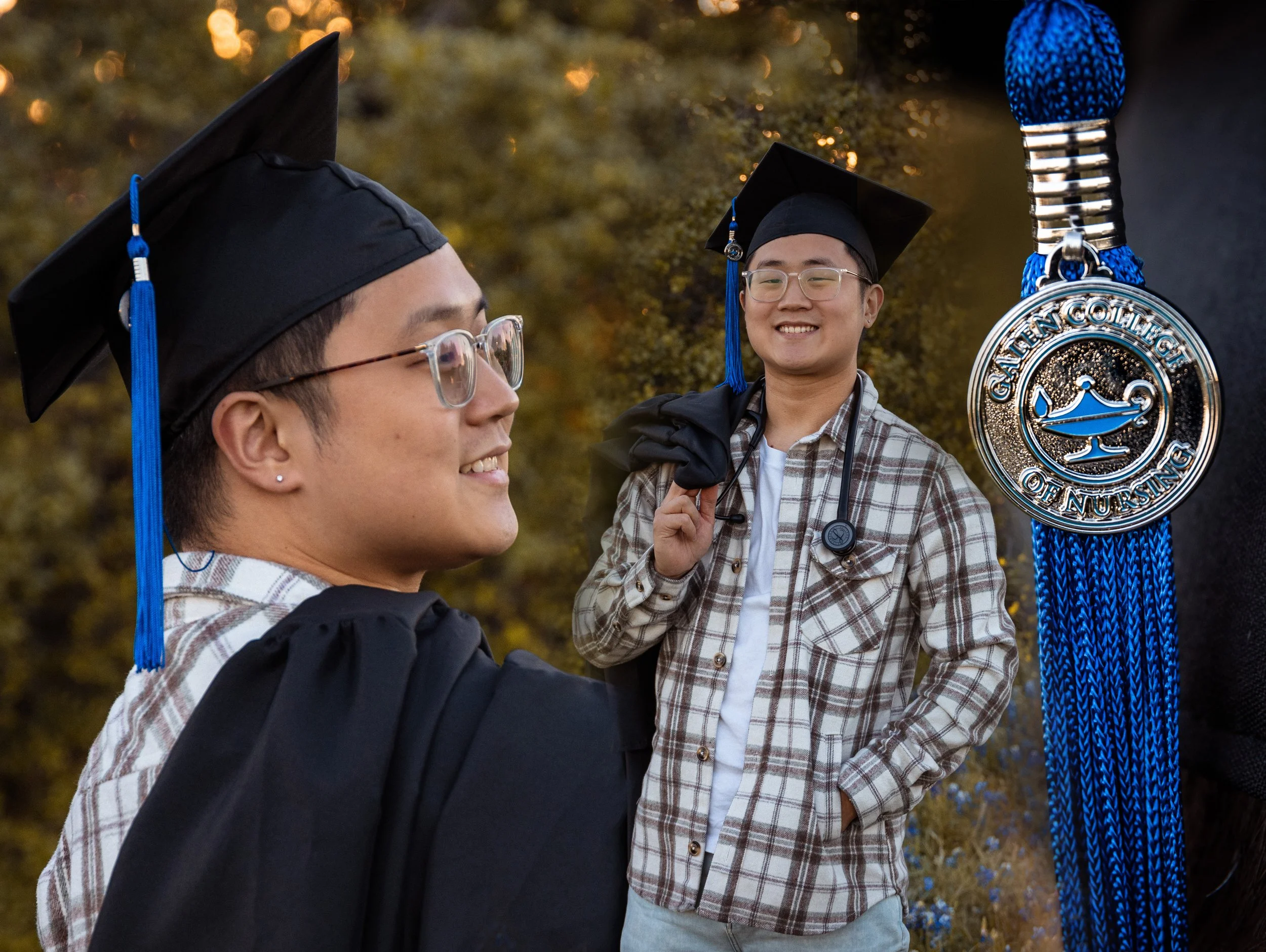 Two graduates in caps and gowns standing outdoors, one smiling and holding a medal with the Cal State College of Nursing logo, during a graduation ceremony.