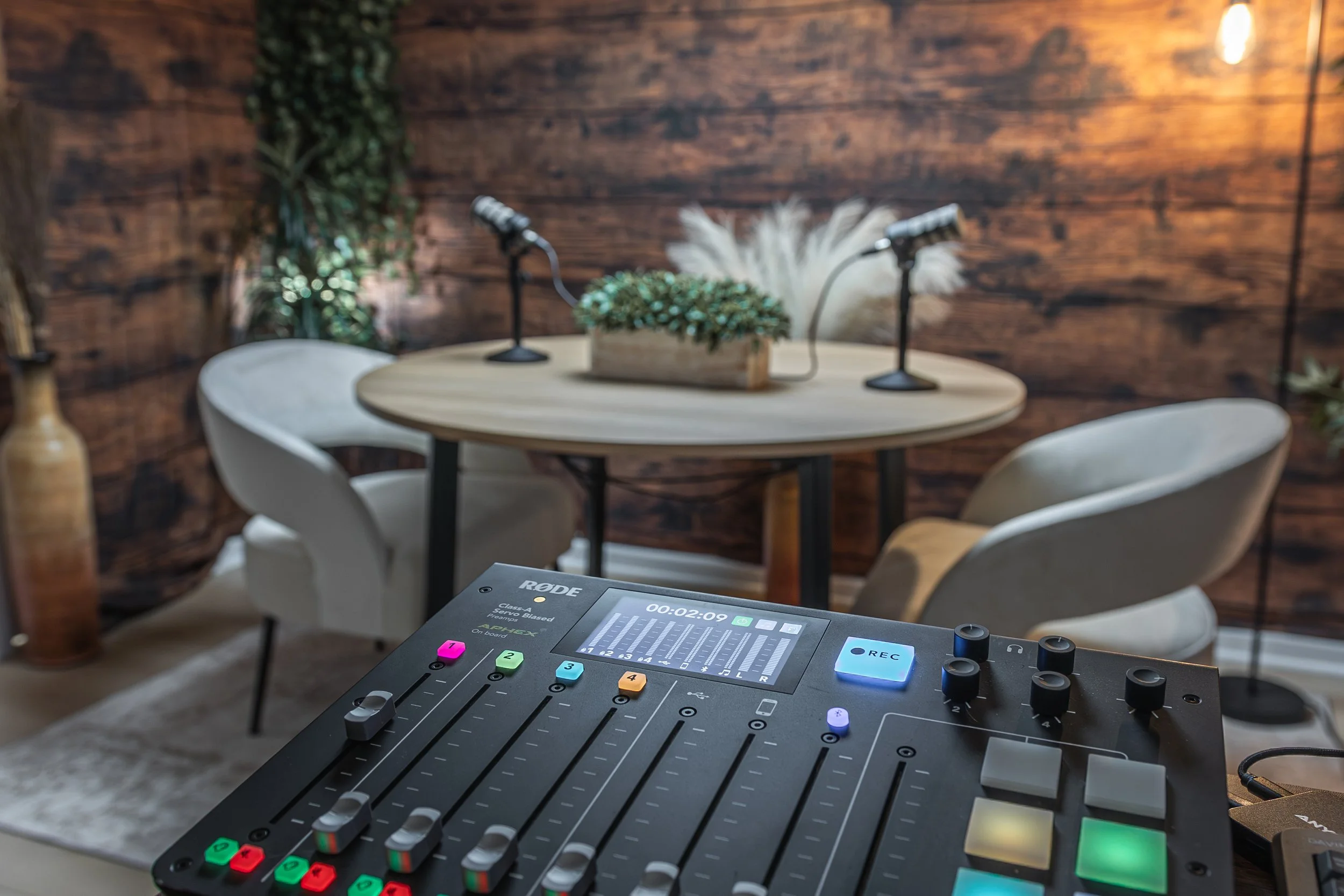 A recording studio setup featuring a sound mixer with colorful controls in the foreground, a wooden table with a potted plant and two microphones in the center, and a rustic wooden wall with greenery in the background.