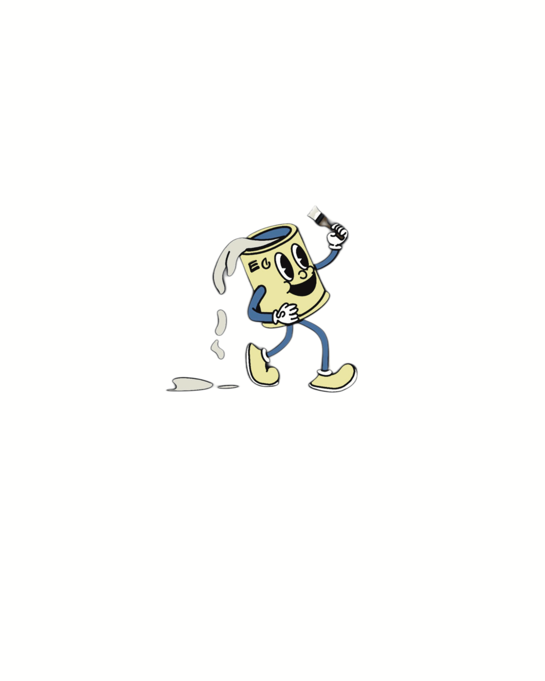 A cartoon animated character resembling a can with a smiling face, arms, and legs, walking and holding a small hammer.
