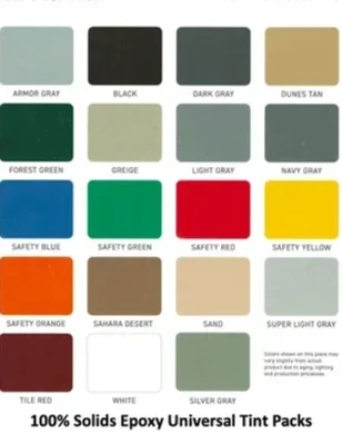 Color palette chart showing various shades including Armor Gray, Black, Dark Gray, Dunes Tan, Forest Green, Greige, Light Gray, Navy Gray, Safety Blue, Safety Green, Safety Red, Safety Yellow, Safety Orange, Sahara Desert, Sand, Super Light Gray, Tile Red, White, Silver Gray, and a label stating '100% Solids Epoxy Universal Tint Packs'.