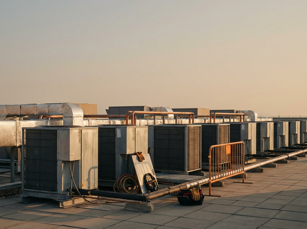 HVAC units and ductwork during on a commercial building.