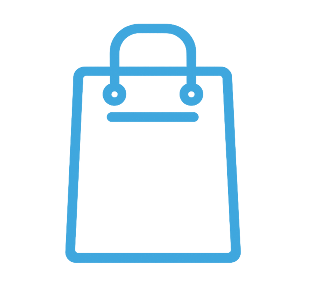 Blue shopping bag icon with a handle and minimalist facial features.