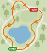 Map of a trail route starting at the green 'START' point, looping around a pond, and ending at the red 'FINISH' point, with trees and pathway marked.