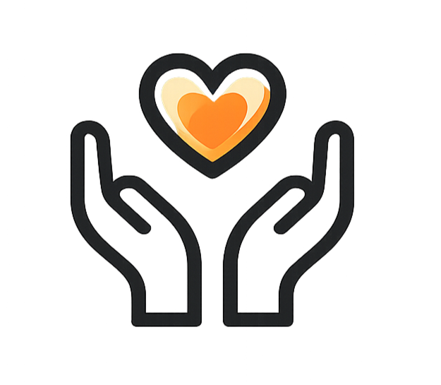 Two black outlined hands cupping a heart-shaped object with orange shades.