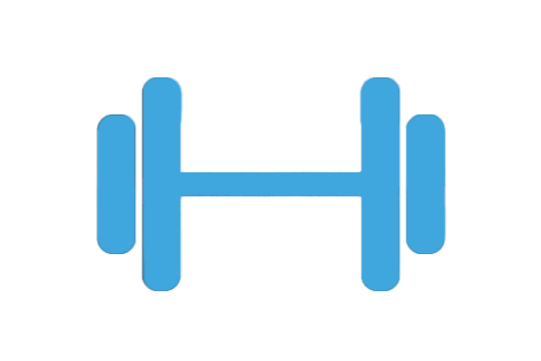 Blue dumbbell icon on a black background.