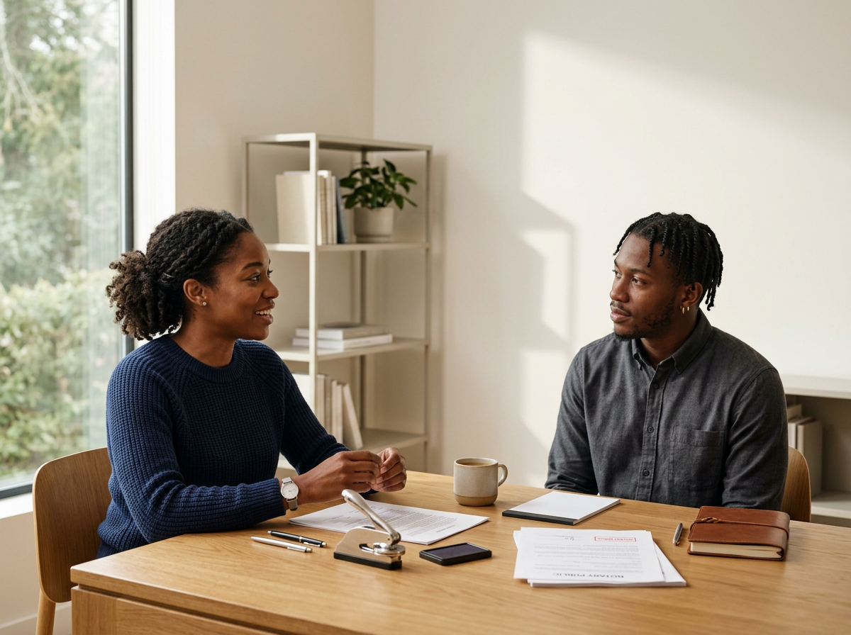 Two people having a conversation at a table in an office or meeting room, with documents, notebooks, and a mug on the table.