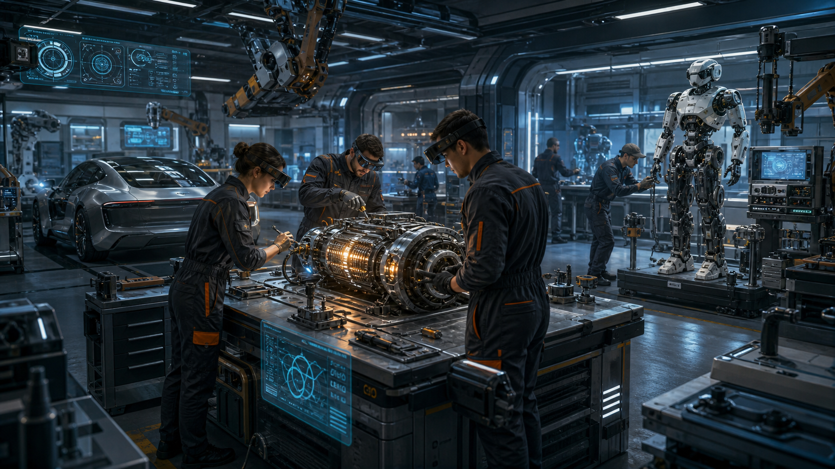 Scientists working on assembling a futuristic engine in a high-tech robotic manufacturing facility with robots and advanced machinery.